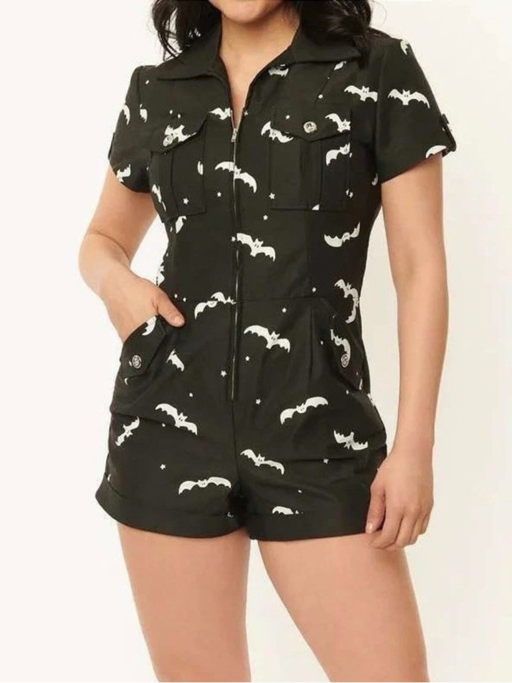 Unique Vintage Black and Glow In The Dark Bat Print Mia Romper  XL